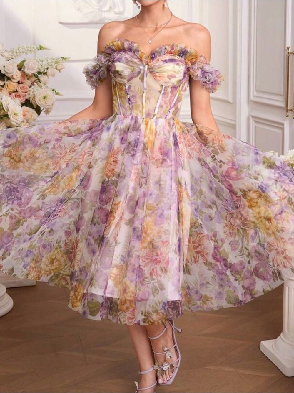 SHEIN Lavender and Yellow Off-Shoulder Floral A-Line Dress
